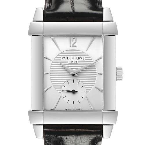 The Patek Philippe Gondolo 5111G-001 Men's White Gold Silver Dial watch is shown from the front, displaying its rectangular face, dial, hands, and crown.