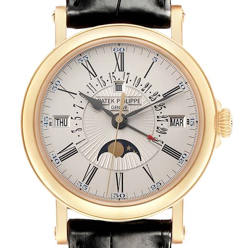 The Patek Philippe Complications 5159J-001 Men's Yellow Gold Silver Dial watch is shown from a front angle, displaying its dial with moon phase, calendar, and Roman numerals.