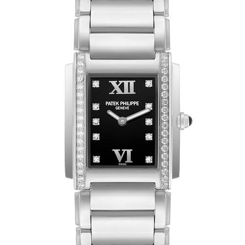 The image shows a Patek Philippe Twenty-4 4910A Women's Stainless Steel Black Dial watch from a front view, highlighting the dial, bracelet, and bezel adorned with diamonds.
