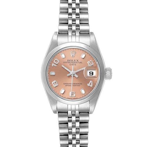 The image shows a Rolex Date 79160 Women's Stainless Steel Pink Dial 79160 Women's Stainless Steel Pink Dial watch from the front, highlighting its pink dial, date window, and jubilee bracelet.