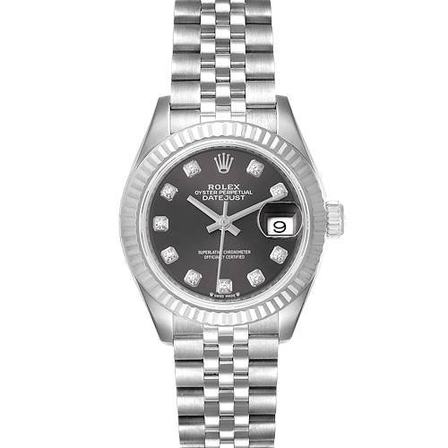 The Rolex Datejust 279174 Women's Stainless Steel Grey Dial 279174 Women's Stainless Steel Grey Dial watch is shown from a top-down angle, displaying the face, bezel, and part of the bracelet.