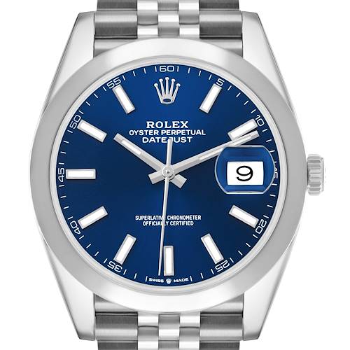 The Rolex Datejust 41 126300 Men's Stainless Steel Blue Dial watch is shown from the front, highlighting the blue dial, date window, hands, and bracelet.