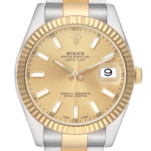 The Rolex Datejust 41 116333 Men's Steel and Gold (two tone) Champagne Dial is shown from the front, highlighting its gold fluted bezel, champagne dial, and date window.