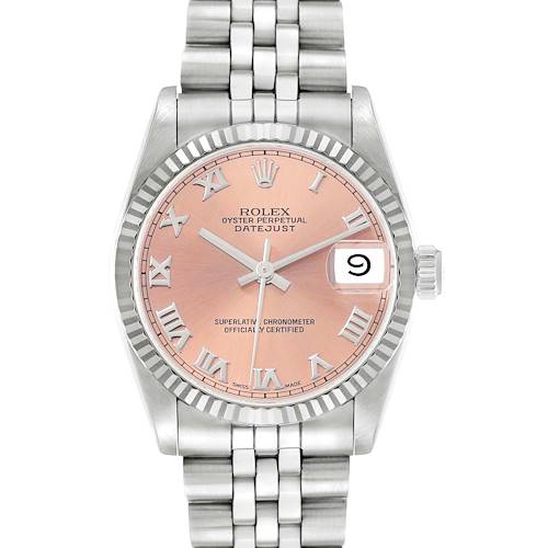 This Rolex Mid-Size 68274 Women's Stainless Steel Pink Dial Datejust watch is shown from the front, highlighting the dial, fluted bezel, bracelet, and date display.