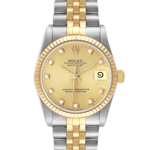 The Rolex mid-size watch is shown from the front, featuring its dial, case, bezel, and bracelet.