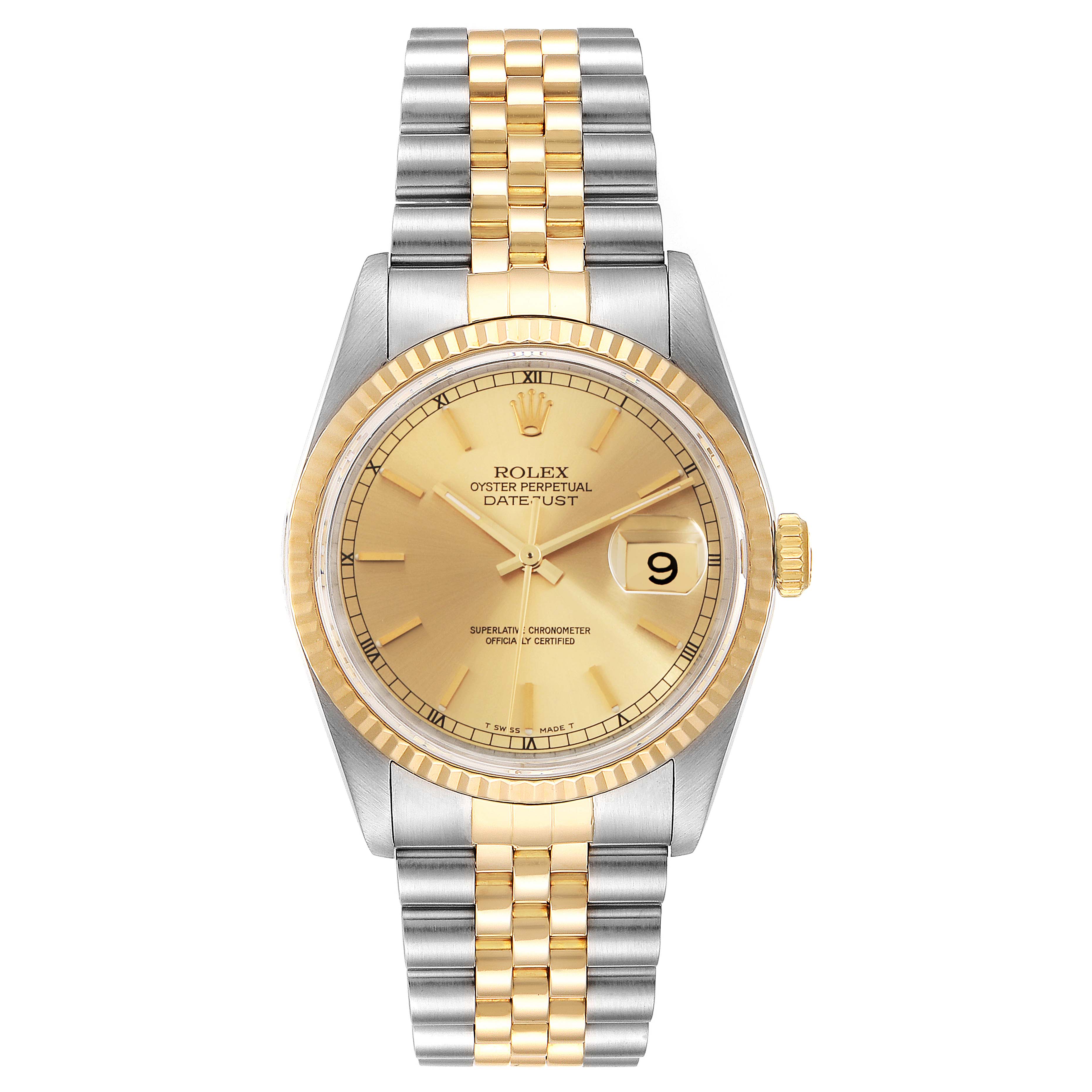 This image shows a Rolex Datejust 16233 Men's Steel and Gold (two tone) Champagne Dial 16233 Men's Steel and Gold (two tone) Champagne Dial watch from a front angle, displaying the dial, bezel, case, and bracelet.