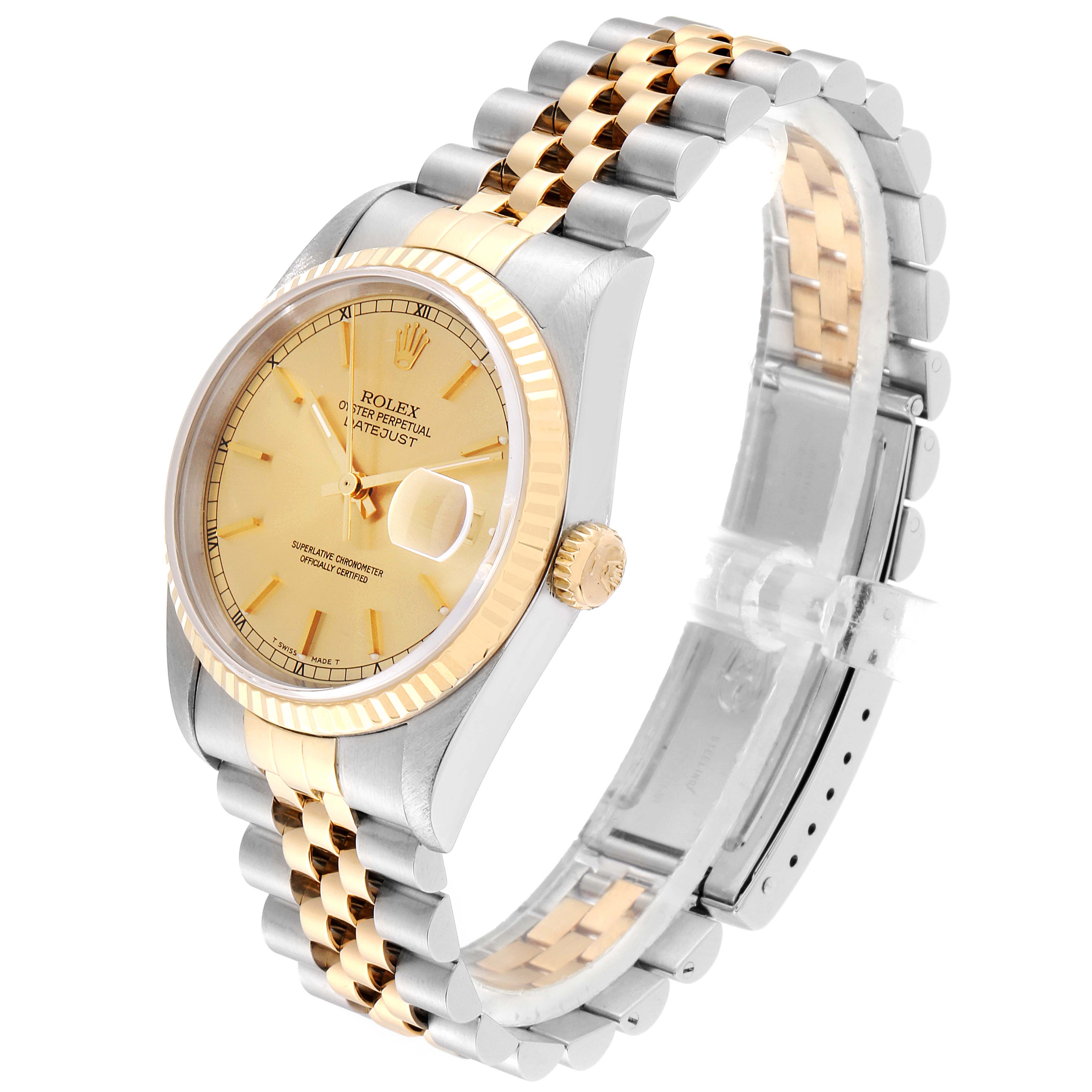 The Rolex Datejust 16233 Men's Steel and Gold (two tone) Champagne Dial 16233 Men's Steel and Gold (two tone) Champagne Dial watch is shown at an angle, highlighting its gold dial, fluted bezel, two-tone bracelet, and cyclops date.