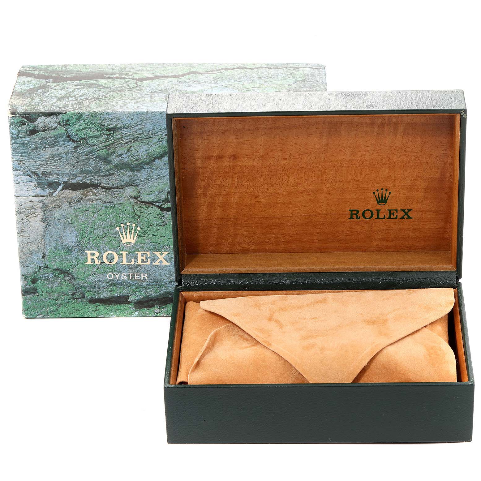 The image shows a Rolex Datejust 16233 Men's Steel and Gold (two tone) Champagne Dial 16233 Men's Steel and Gold (two tone) Champagne Dial's box, partially open with a suede pouch inside, and an outer Rolex-branded box behind it.