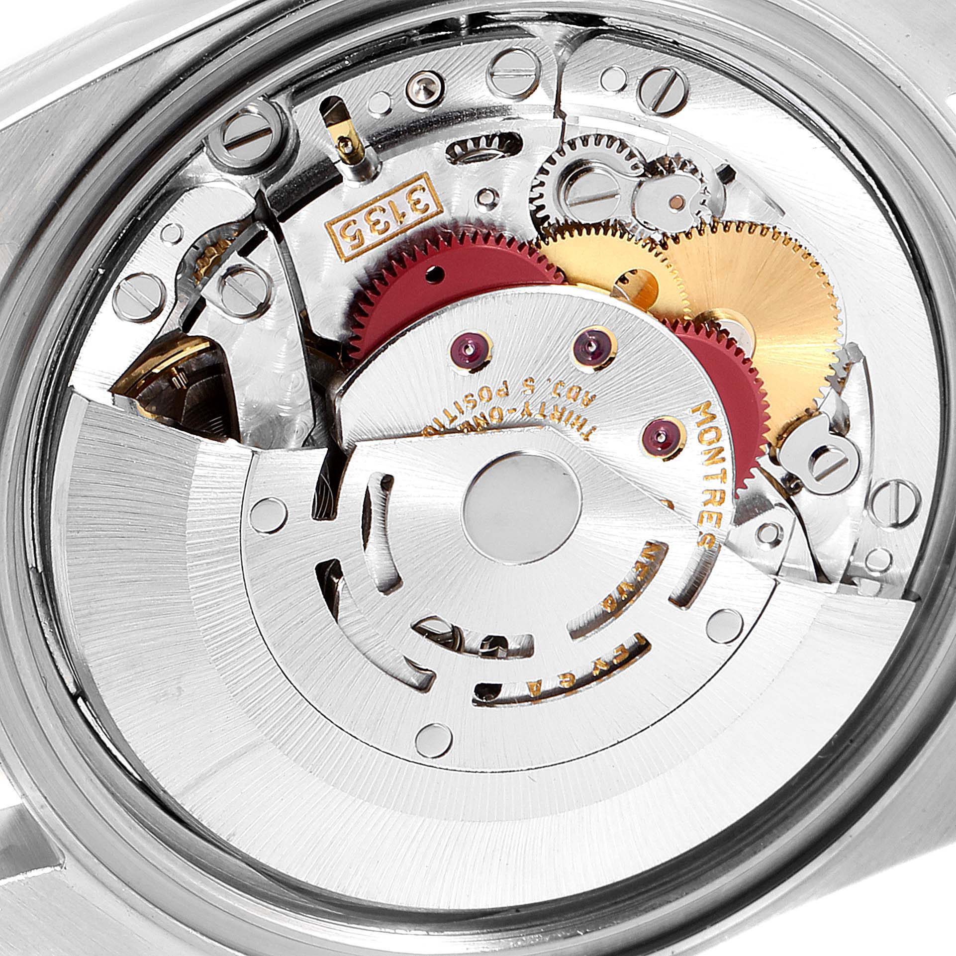 This image shows a close-up view of the internal mechanism of the Rolex Datejust 16233 Men's Steel and Gold (two tone) Champagne Dial 16233 Men's Steel and Gold (two tone) Champagne Dial watch.