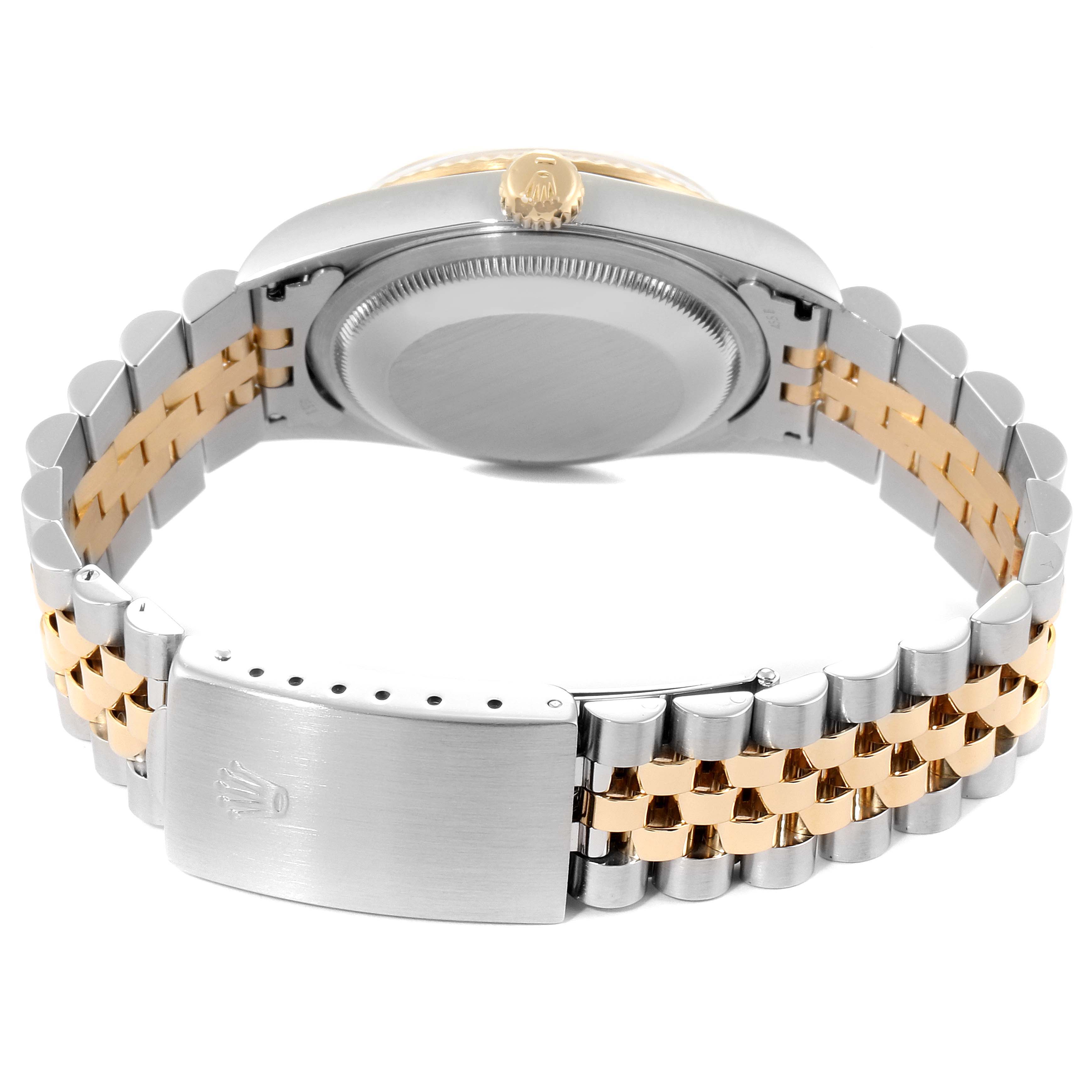 The image shows the back and clasp of a Rolex Datejust 16233 Men's Steel and Gold (two tone) Champagne Dial 16233 Men's Steel and Gold (two tone) Champagne Dial watch, highlighting the two-tone bracelet and case back.