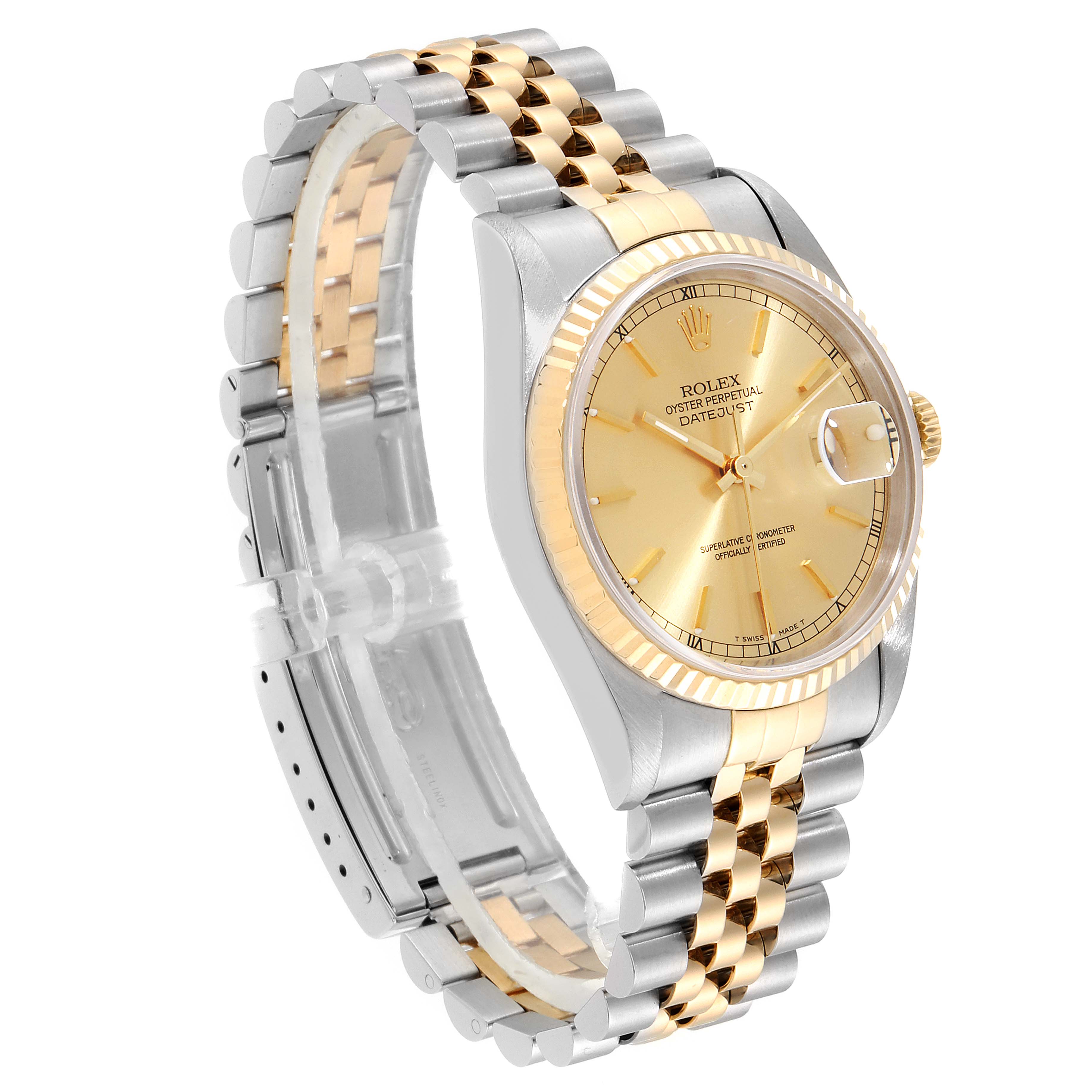 The watch is a Rolex Datejust 16233 Men's Steel and Gold (two tone) Champagne Dial 16233 Men's Steel and Gold (two tone) Champagne Dial, shown at an angle highlighting the gold dial, fluted bezel, and the two-tone bracelet.