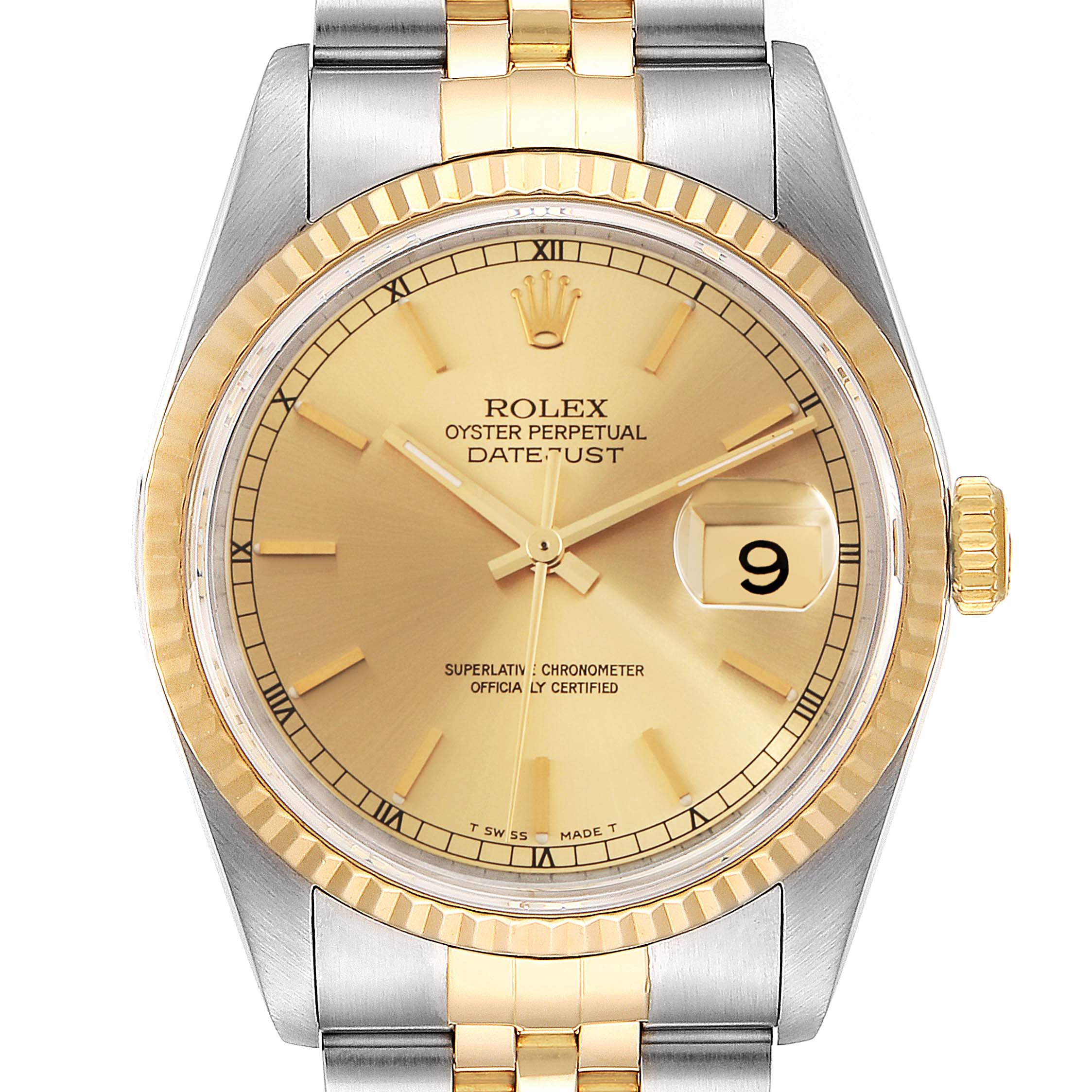 This image shows a close-up front view of the Rolex Datejust 16233 Men's Steel and Gold (two tone) Champagne Dial 16233 Men's Steel and Gold (two tone) Champagne Dial watch, highlighting the dial, bezel, and bracelet.