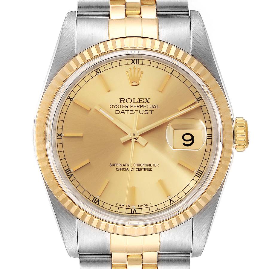This image shows a close-up front view of the Rolex Datejust 16233 Men's Steel and Gold (two tone) Champagne Dial 16233 Men's Steel and Gold (two tone) Champagne Dial watch, highlighting the dial, bezel, and bracelet.