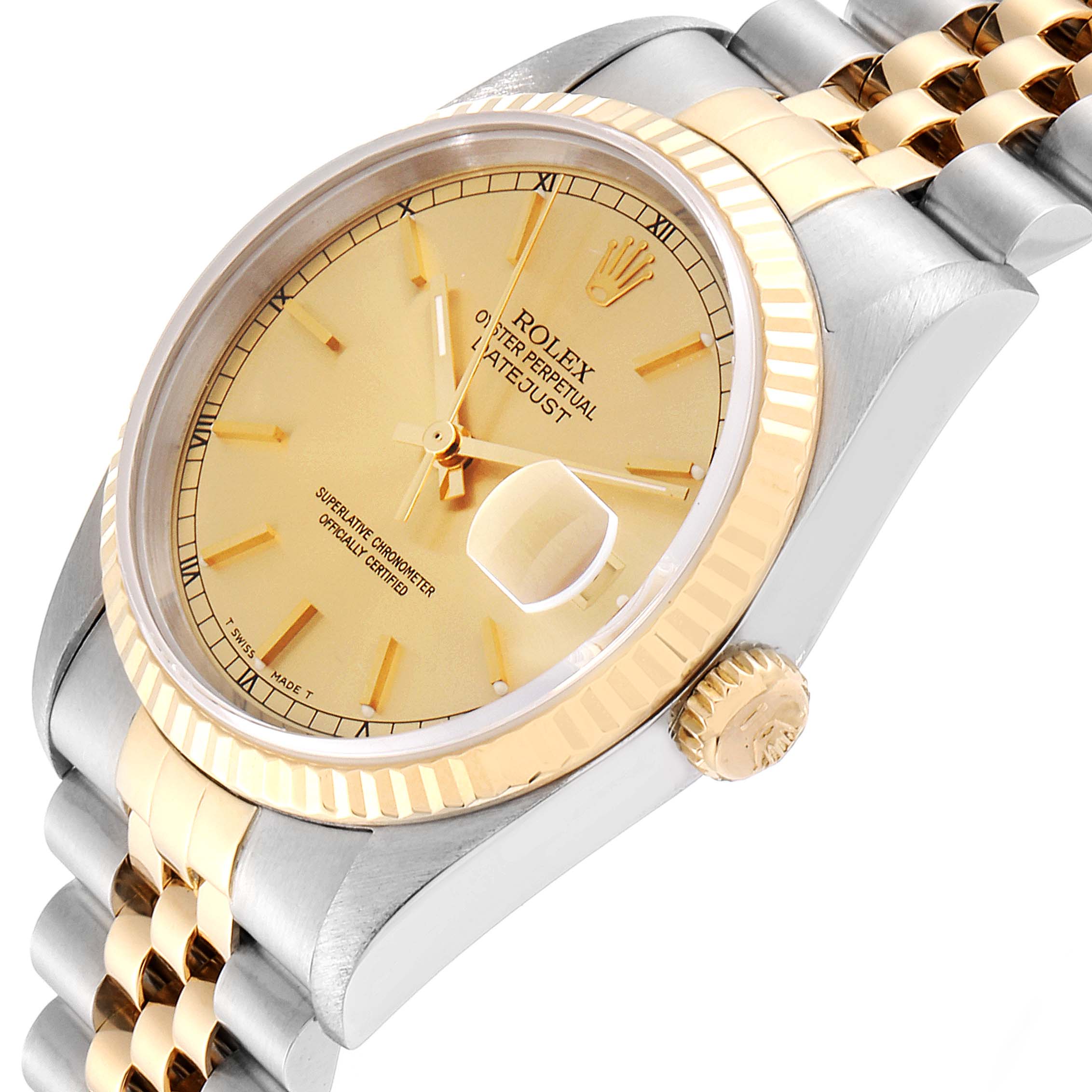 The Rolex Datejust 16233 Men's Steel and Gold (two tone) Champagne Dial 16233 Men's Steel and Gold (two tone) Champagne Dial watch is shown from a three-quarter angle, highlighting the dial, bezel, crown, and bracelet.