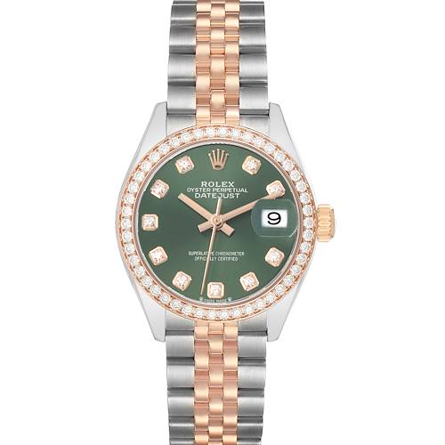 The Rolex Datejust 279381 Women's Steel and Gold (two tone) Green Dial is shown from the front, displaying the watch face, bezel, and part of the bracelet.