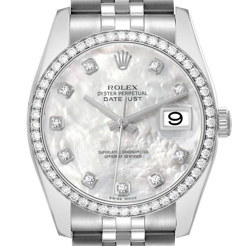 The Rolex Datejust 116244 Men's Stainless Steel Mother of Pearl Dial watch is shown from a front angle, highlighting the dial, bezel, diamond markers, and bracelet.