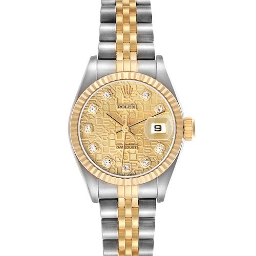 The Rolex Datejust 69173 Women's Steel and Gold (two tone) Champagne Dial watch is shown from the front, displaying its gold patterned dial, fluted bezel, and two-tone Jubilee bracelet.
