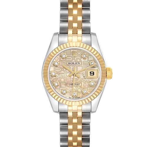 The Rolex Datejust 179173 Women's Steel and Gold (two tone) Mother of Pearl Dial watch is shown from a front angle, highlighting the dial, bezel, and two-tone bracelet.