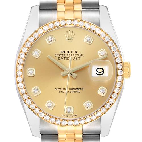 The Rolex Datejust 116243 Men's Steel and Gold (two tone) Champagne Dial is shown from the front, featuring its golden dial, diamond hour markers, bezel, and part of the bracelet.