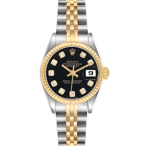 The Rolex Datejust 69173 Women's Steel and Gold (two tone) Black Dial watch is shown from the front, highlighting the dial, bezel, hands, date window, and two-tone bracelet.