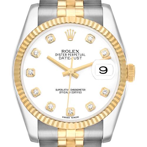 The Rolex Datejust 116233 Men's Steel and Gold (two tone) White Dial watch is shown from a frontal angle, highlighting its face, bezel, bracelet, and crown.