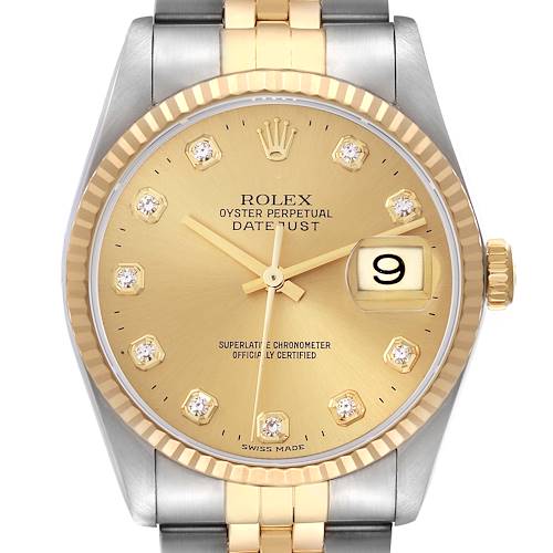 The Rolex Datejust 16233 Men's Steel and Gold (two tone) Champagne Dial 16233 Men's Steel and Gold (two tone) Champagne Dial is shown from the front, displaying the dial, markers, hands, bezel, and partial bracelet.
