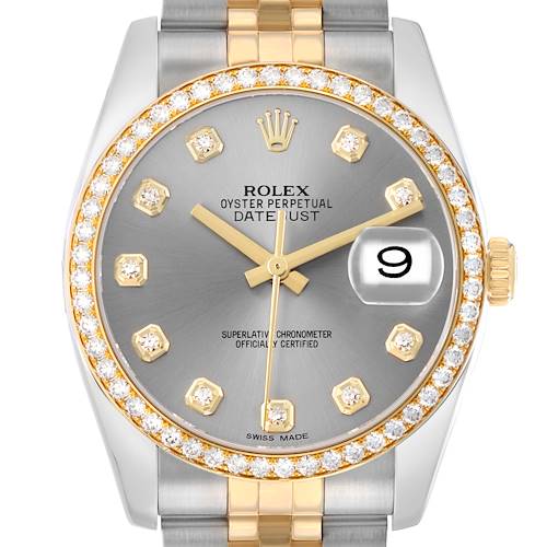 The Rolex Datejust 116243 Men's Steel and Gold (two tone) Silver Dial watch is shown from the front, highlighting the dial, hands, diamond hour markers, bezel, and bracelet.