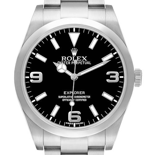The Rolex Explorer 214270 Men's Stainless Steel Black Dial watch is shown from the front, displaying the dial, bezel, and crown.