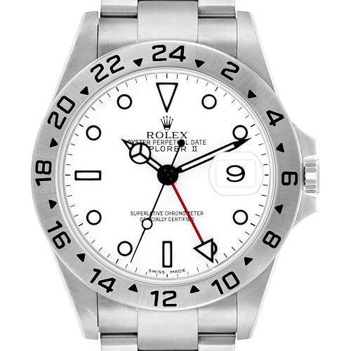 The Rolex Explorer 16570 Men's Stainless Steel White Dial model is shown from a front angle, highlighting the dial, bezel, and bracelet.