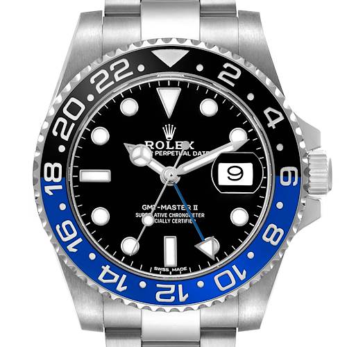 The Rolex GMT-Master 116710BLNR Men's Stainless Steel Black Dial watch is shown from a front angle displaying its dial, bezel, and part of the bracelet.