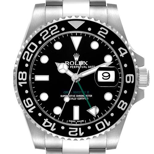 The Rolex GMT-Master 116710 Men's Stainless Steel Black Dial watch is shown from a front view, highlighting the bezel, dial, hands, and date window.