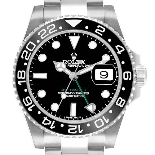 The Rolex GMT-Master 116710 Men's Stainless Steel Black Dial model is shown from a top-down angle, highlighting its dial, bezel, and bracelet.