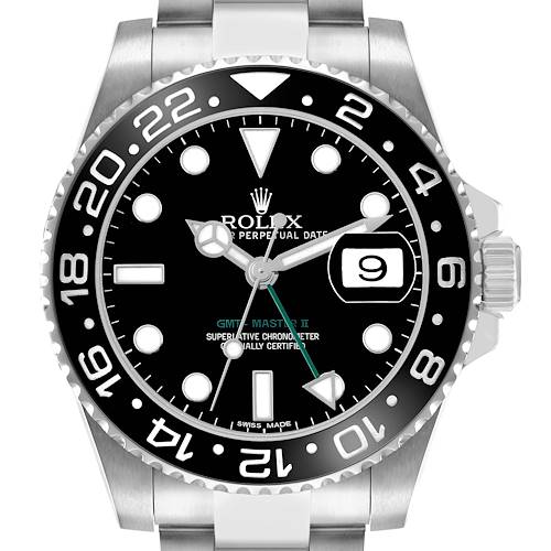 The Rolex GMT-Master 116710LN Men's Stainless Steel Black Dial II is shown from the front, highlighting the dial, bezel, crown, and bracelet attachment.