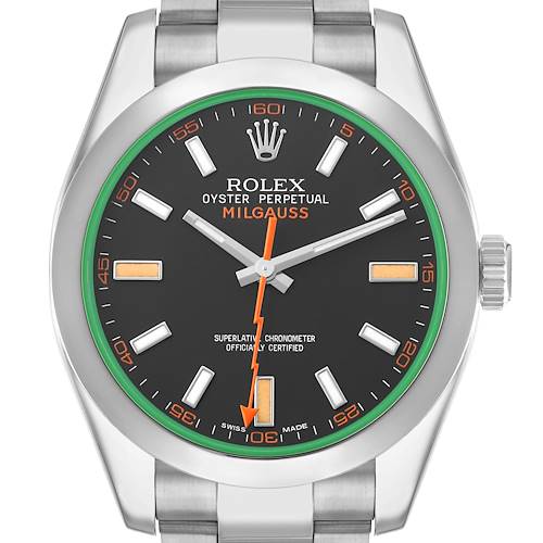 The image shows a front view of a Rolex Milgauss 116400GV Men's Stainless Steel Black Dial watch, highlighting the dial, hands, case, and part of the bracelet.