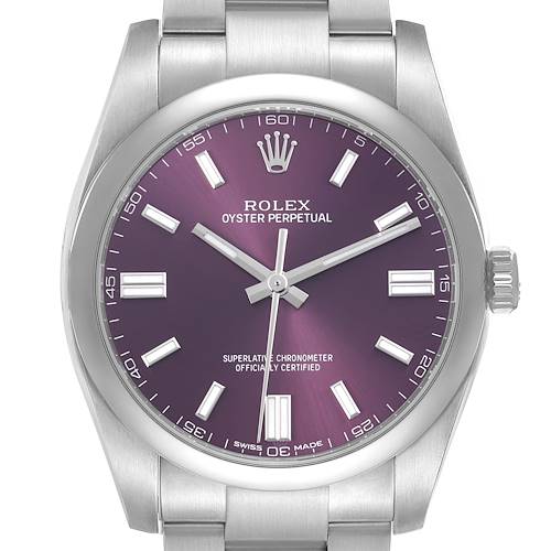 The Rolex Oyster Perpetual 116000 Men's Stainless Steel Purple Dial 116000 Men's Stainless Steel Purple Dial watch is shown from a front angle, highlighting its dial, case, and bracelet.