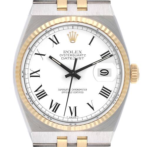 The Rolex Oysterquartz 65218 Men's Steel and Gold (two tone) White Dial 65218 Men's Steel and Gold (two tone) White Dial watch is shown from a straight-on angle, highlighting the dial, bezel, crown, and part of the bracelet.