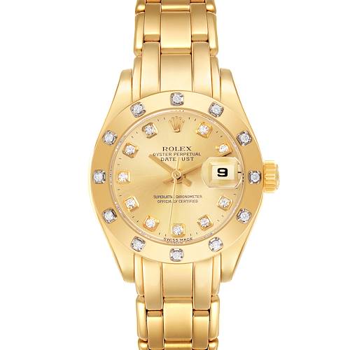 The Rolex Pearlmaster 69318 Women's Yellow Gold Champagne Dial 69318 Women's Yellow Gold Champagne Dial watch is shown from a top-down angle, highlighting its gold bracelet, bezel with diamonds, and date display.