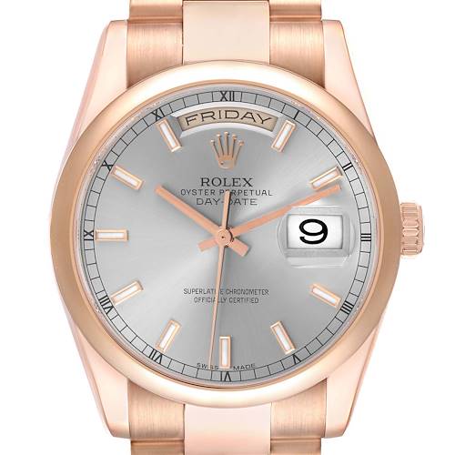 The Rolex President 118205 Men's Rose Gold Silver Dial 118205 Men's Rose Gold Silver Dial model is shown from the front, highlighting the face, bezel, crown, and partial bracelet.