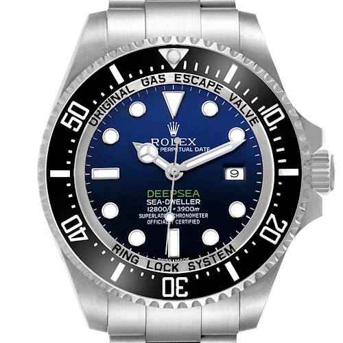 The Rolex Sea-Dweller 116660 Men's Stainless Steel Blue Dial watch is shown from a front angle, displaying the dial, bezel, and part of the bracelet.