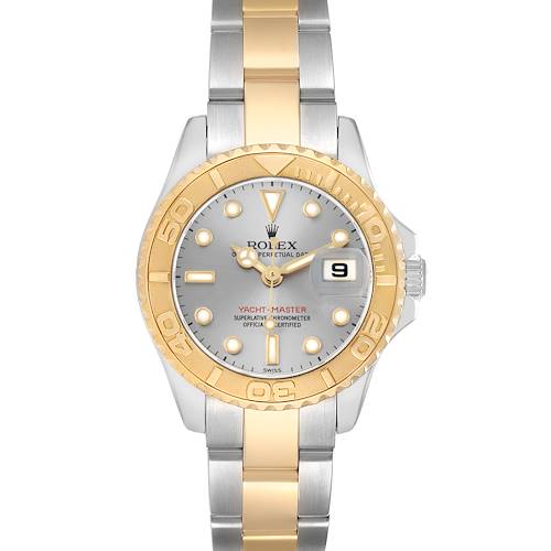 This Rolex Yacht-Master 169623 Women's Steel and Gold (two tone) Silver Dial watch is shown from a top-down angle, displaying the face, bezel, and part of the bracelet.