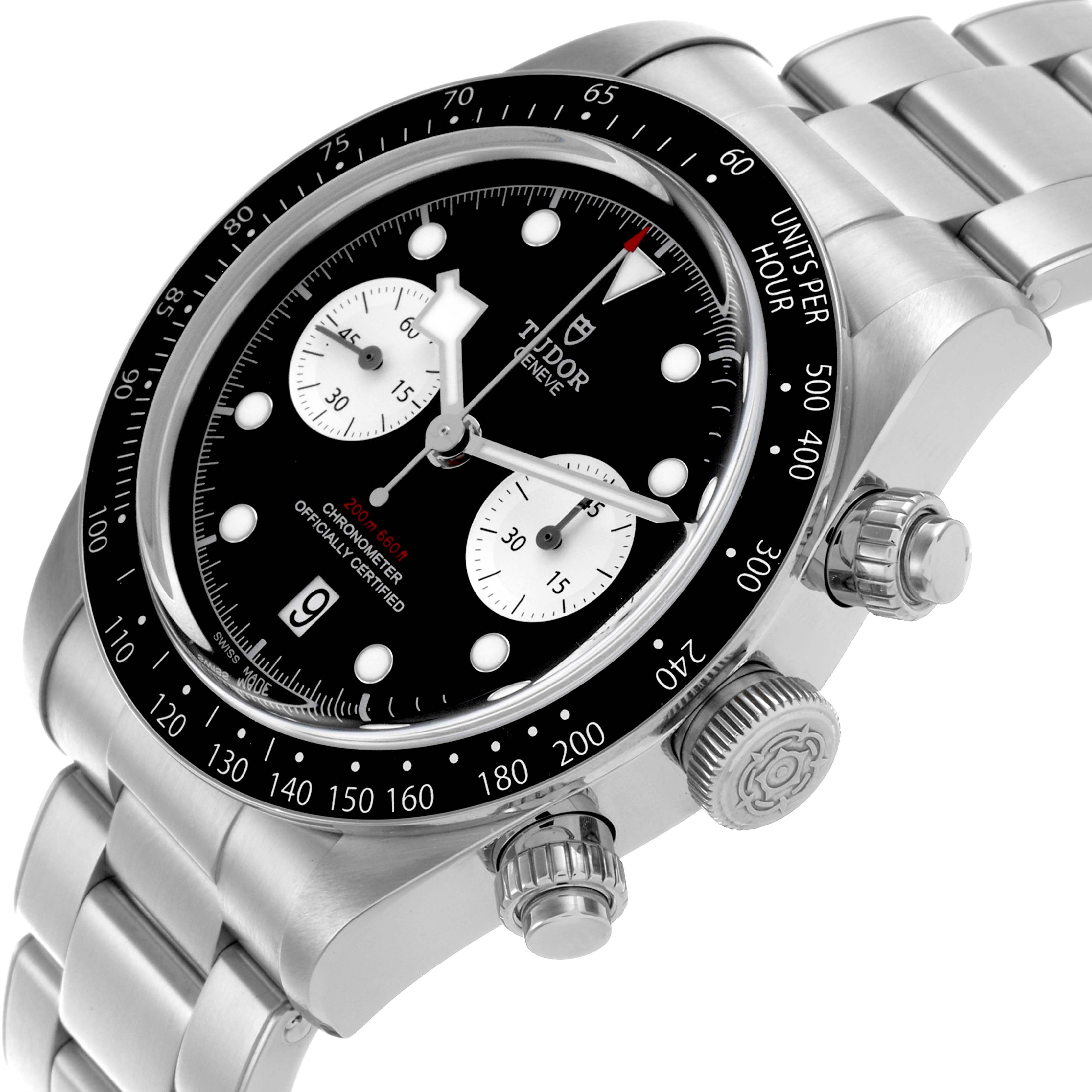 The Tudor Heritage Chrono 79360N-0001 Men's Stainless Steel Black Dial 79360N-0001 Men's Stainless Steel Black Dial watch is shown at an angle highlighting the bezel, dial, crown, and part of the bracelet.