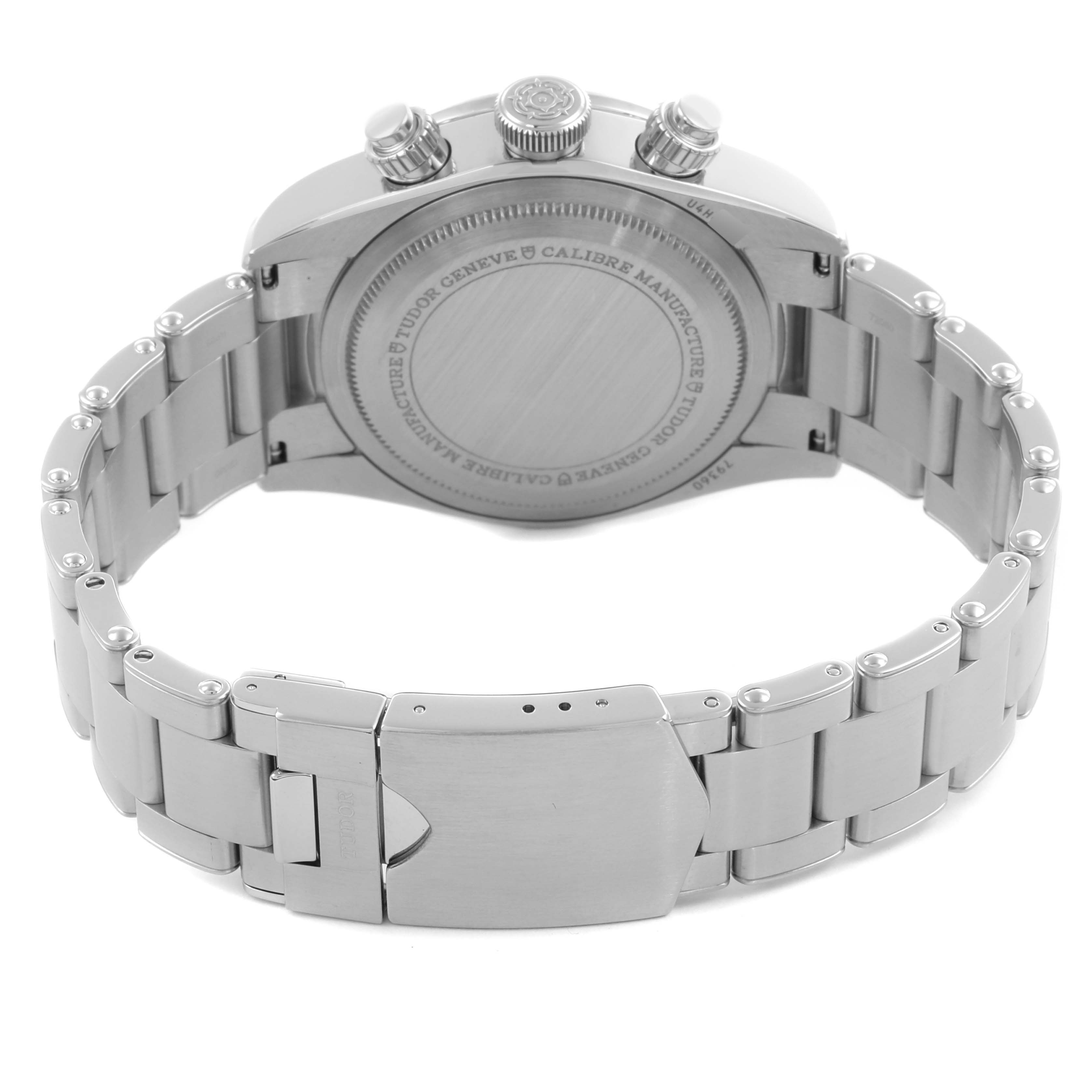 The image shows the back and clasp of the Tudor Heritage Chrono 79360N-0001 Men's Stainless Steel Black Dial 79360N-0001 Men's Stainless Steel Black Dial watch at a rear angle.