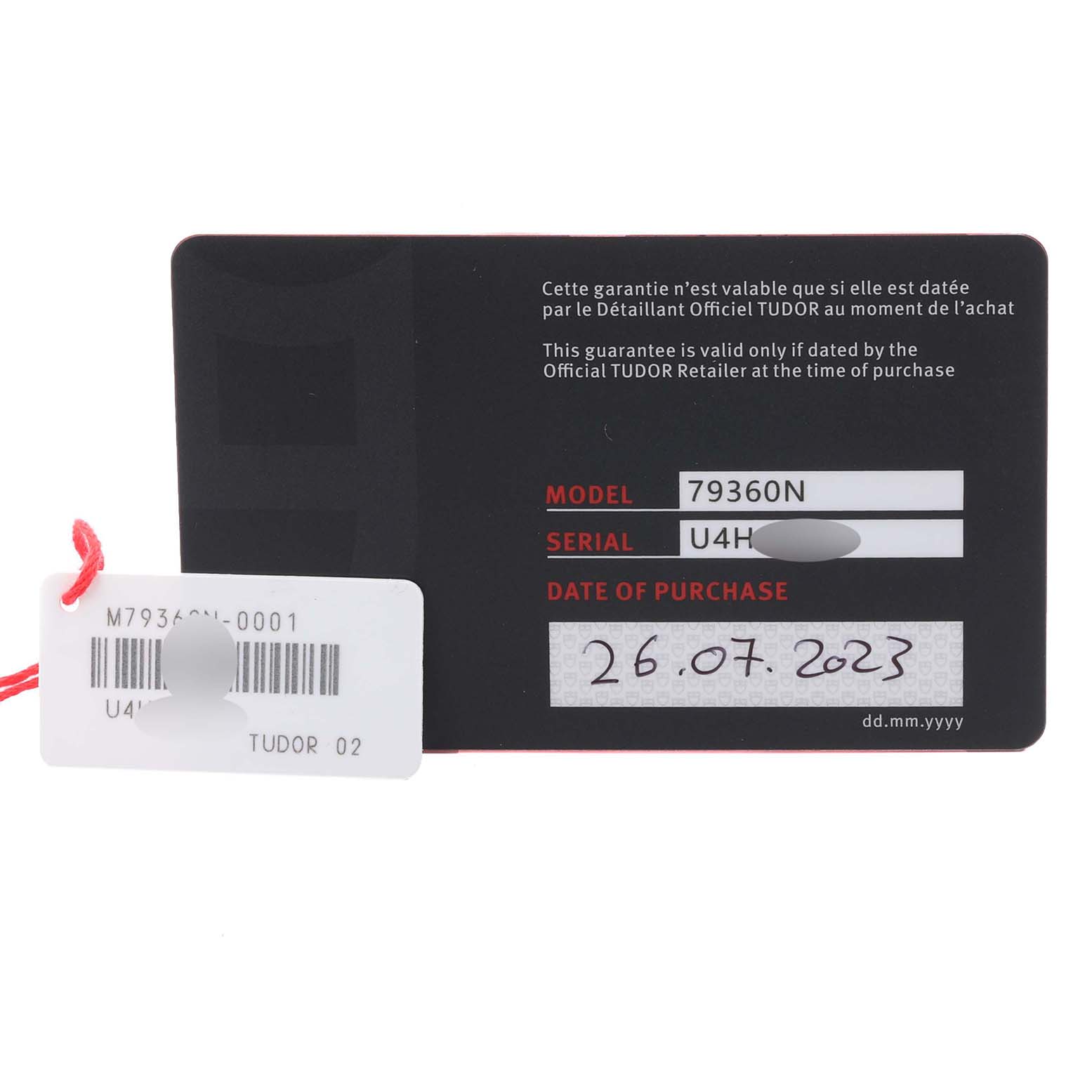 The image shows the warranty card for the Tudor Heritage Chrono 79360N-0001 Men's Stainless Steel Black Dial 79360N-0001 Men's Stainless Steel Black Dial model, displaying model, serial number, and purchase date.