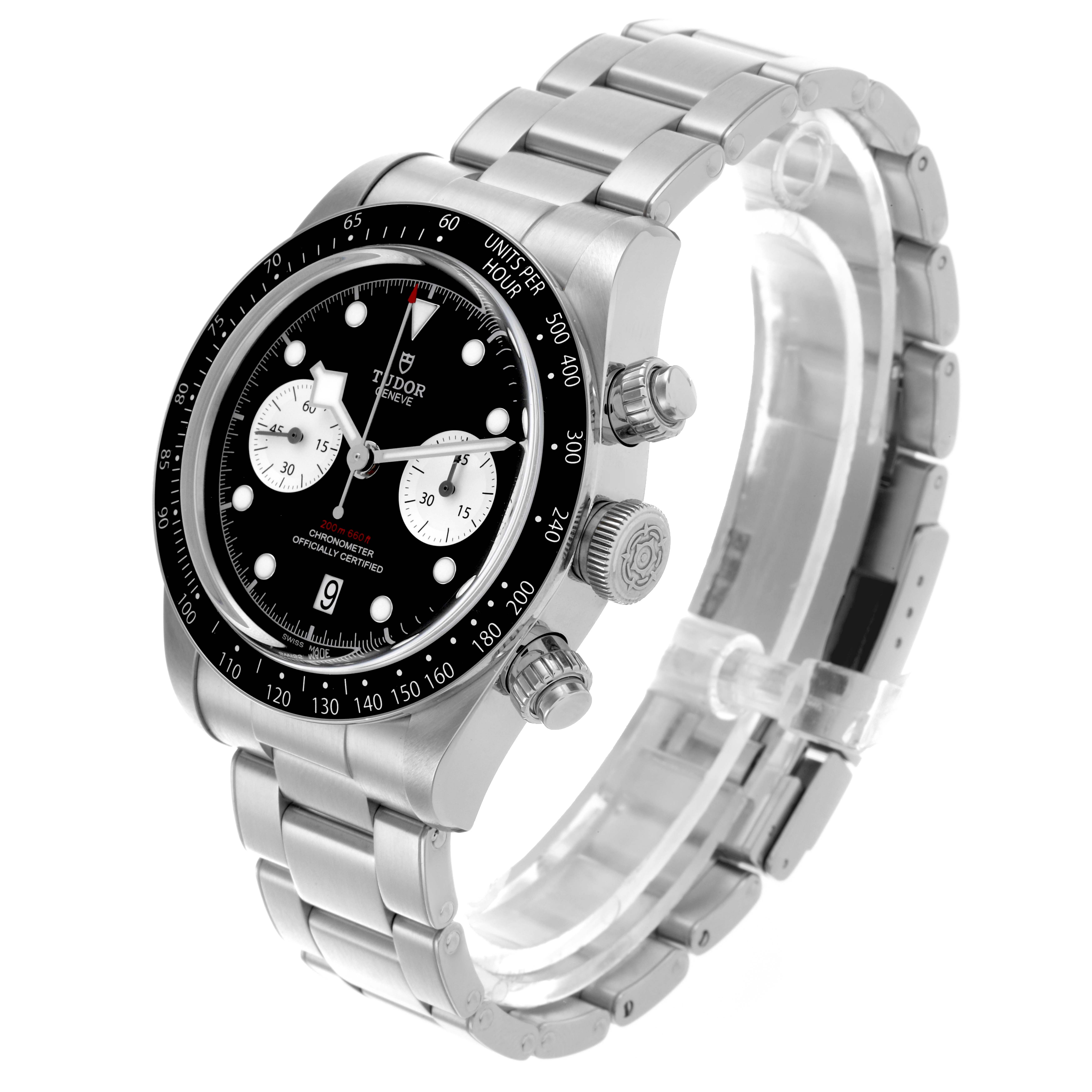 The Tudor Heritage Chrono 79360N-0001 Men's Stainless Steel Black Dial 79360N-0001 Men's Stainless Steel Black Dial watch is shown from a three-quarter angle, highlighting its bezel, dial, bracelet, and pushers.