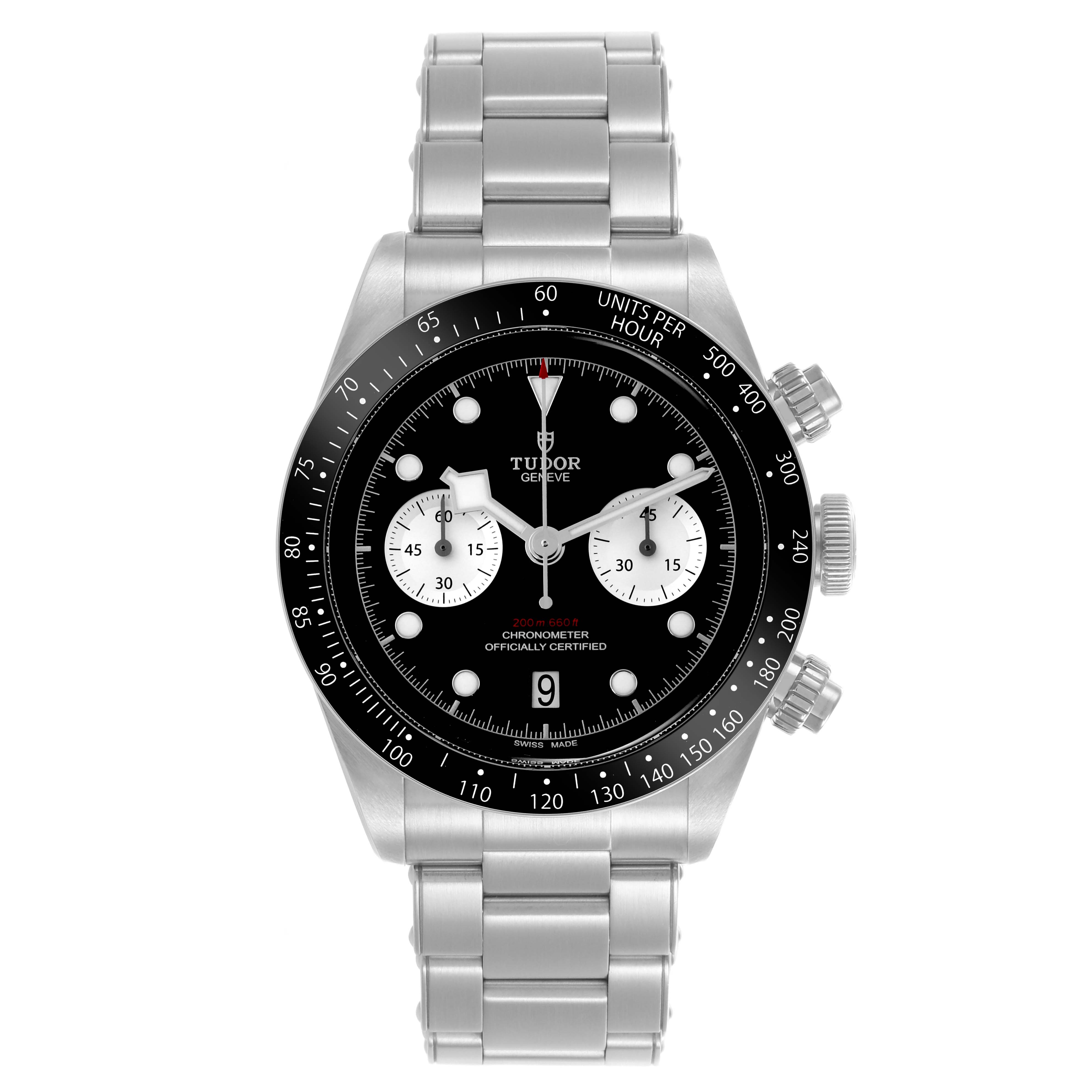 The image shows a front view of the Tudor Heritage Chrono 79360N-0001 Men's Stainless Steel Black Dial 79360N-0001 Men's Stainless Steel Black Dial watch, highlighting the dial, bezel, and bracelet.
