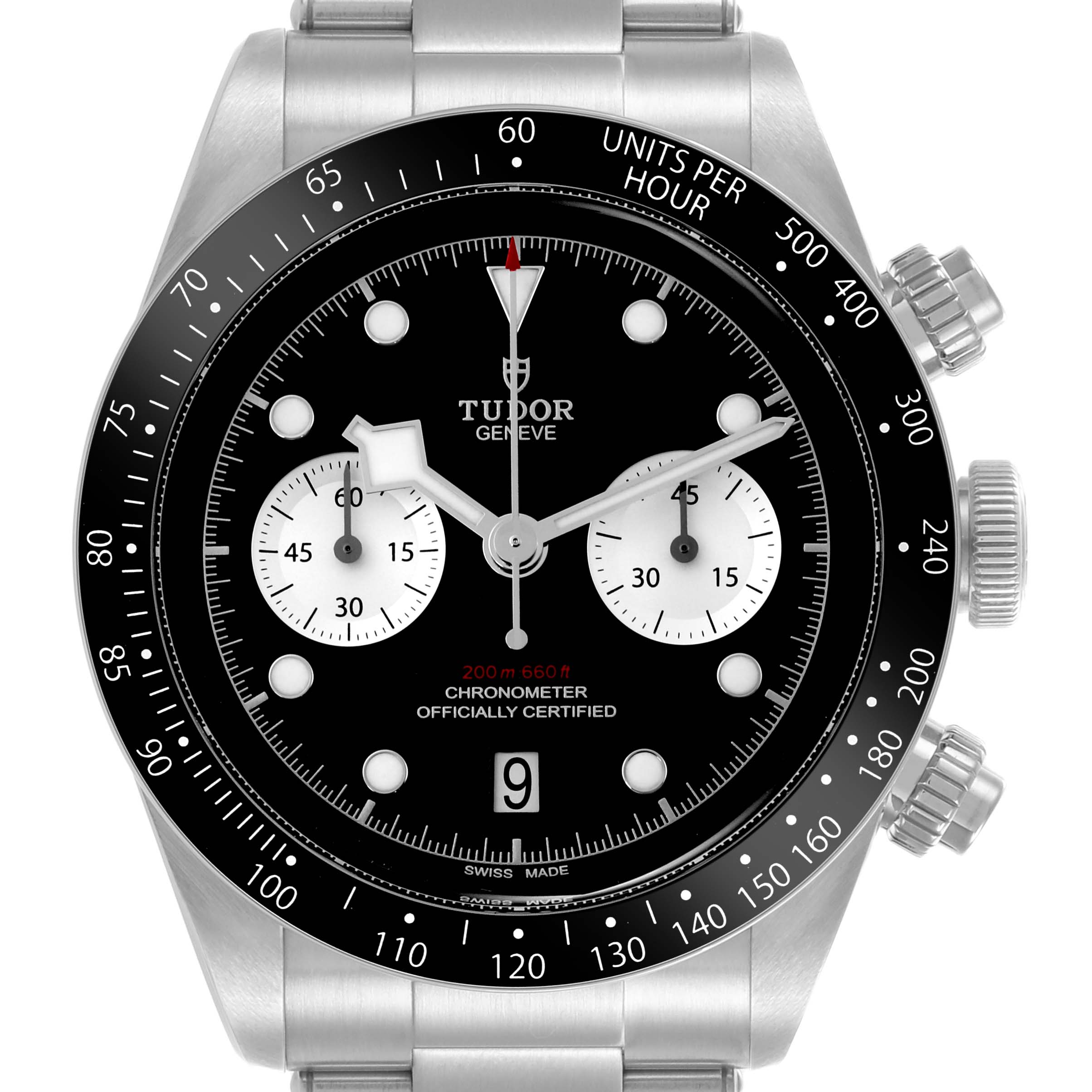 The Tudor Heritage Chrono 79360N-0001 Men's Stainless Steel Black Dial 79360N-0001 Men's Stainless Steel Black Dial is shown from a front view, displaying the dial, bezel, and crown.