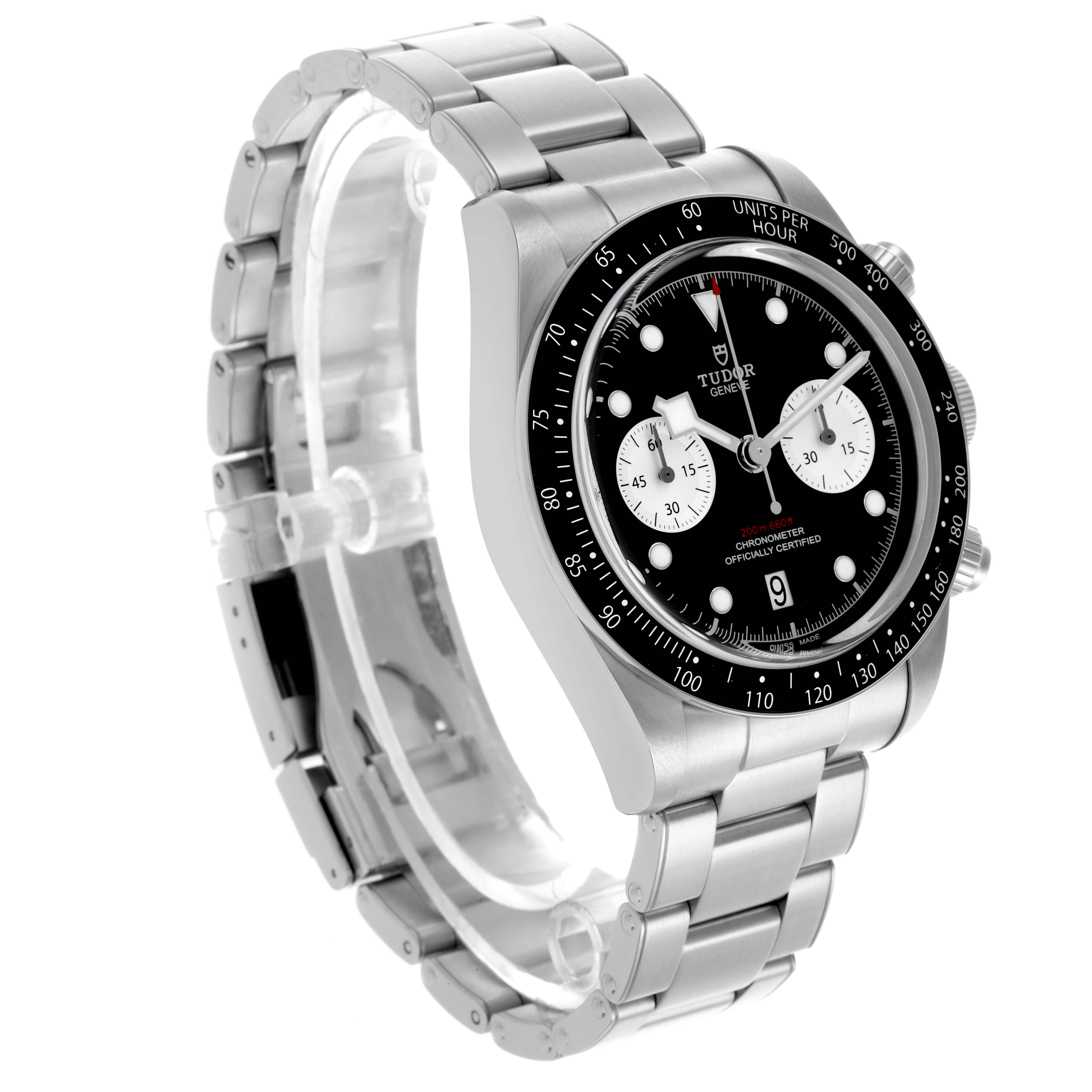 The Tudor Heritage Chrono 79360N-0001 Men's Stainless Steel Black Dial 79360N-0001 Men's Stainless Steel Black Dial watch is shown at a three-quarter angle, highlighting the dial, bezel, case, and bracelet.