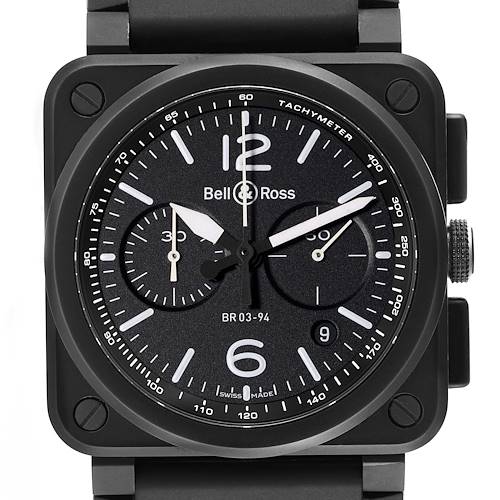 This image shows a close-up of the dial and bezel of a Bell & Ross BR 03-94 Chronograph watch.