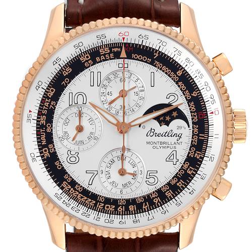 The image shows a front view of the Breitling Navitimer H19350 Men's Rose Gold Silver Dial H19350 Men's Rose Gold Silver Dial, highlighting the dial, subdials, bezel, and brown leather strap.