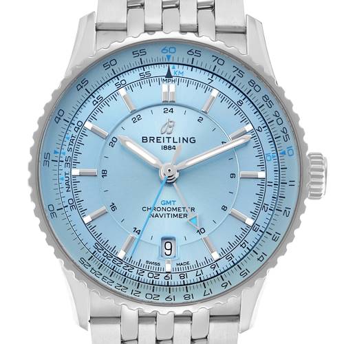 The Breitling Navitimer A32310 Men's Stainless Steel Blue Dial is shown from the front, highlighting the dial, hands, bezel, and part of the bracelet.